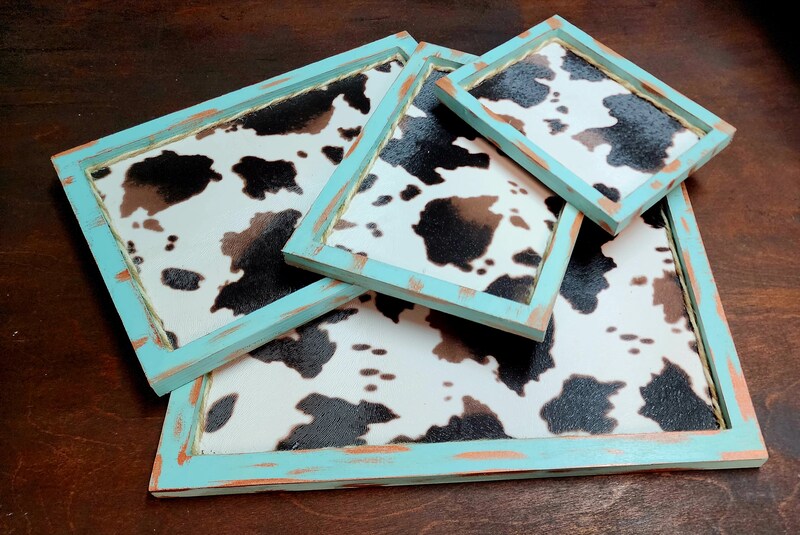 Blue Patina Trays with Cow Print Vinyl